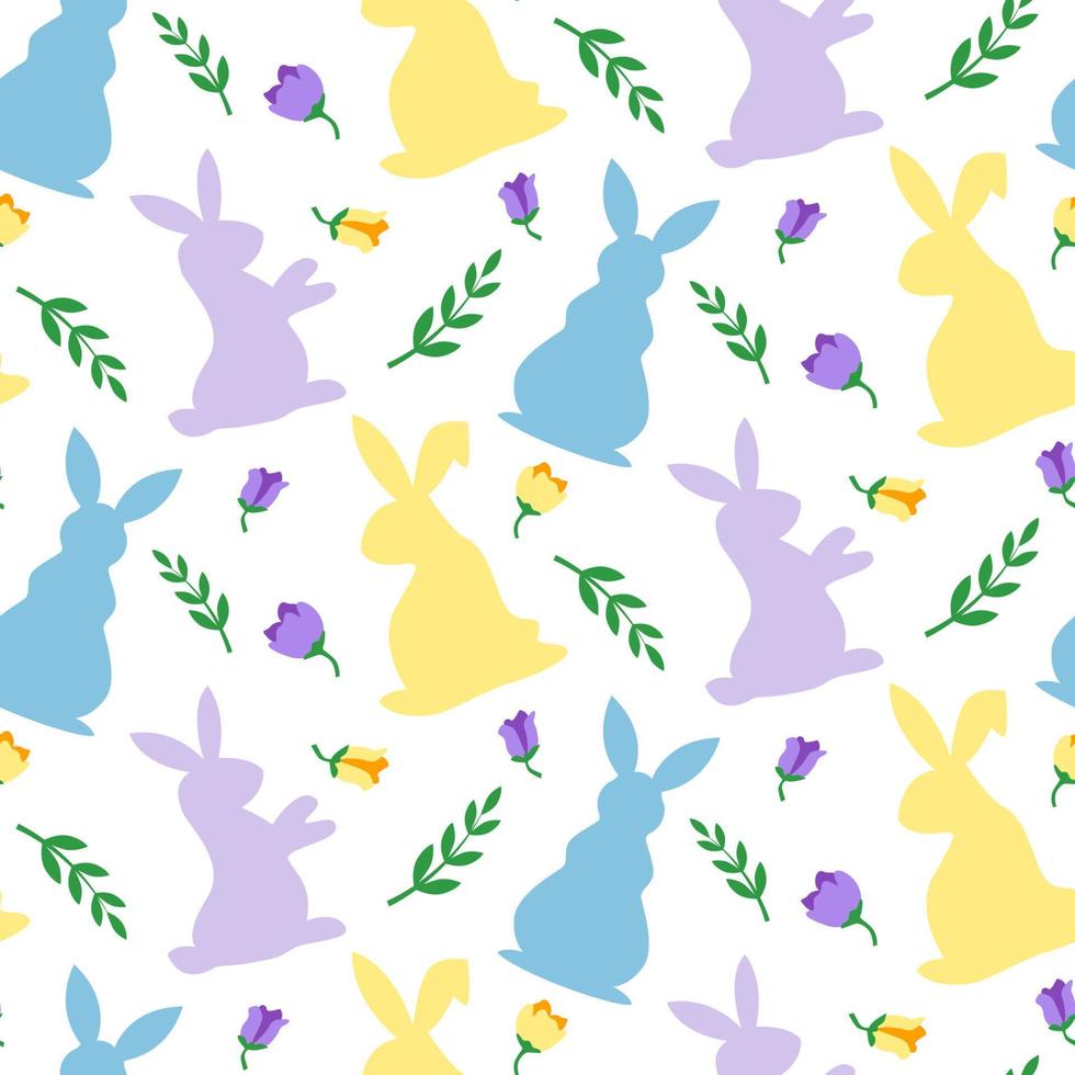 Cute Easter pastel coloured pattern with colorful bunnies and spring flowers on white background vector