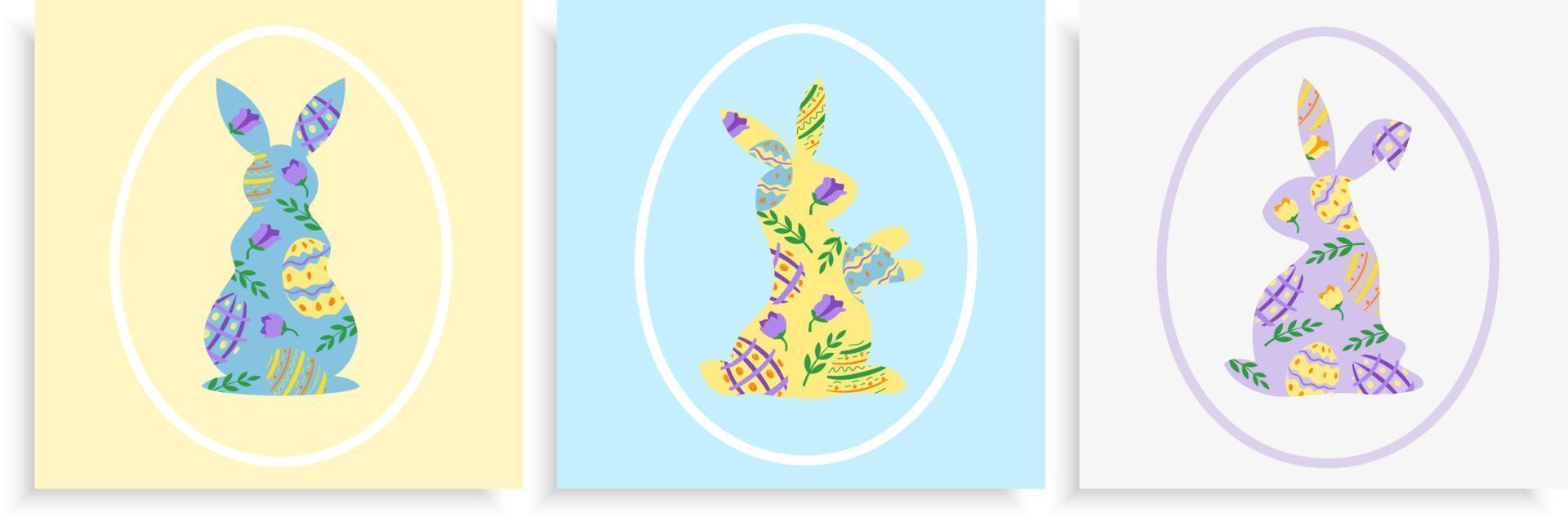 conjunto de tres plantillas de diseño de tarjetas de Pascua con conejitos y huevos de color pastel de estilo plano vector