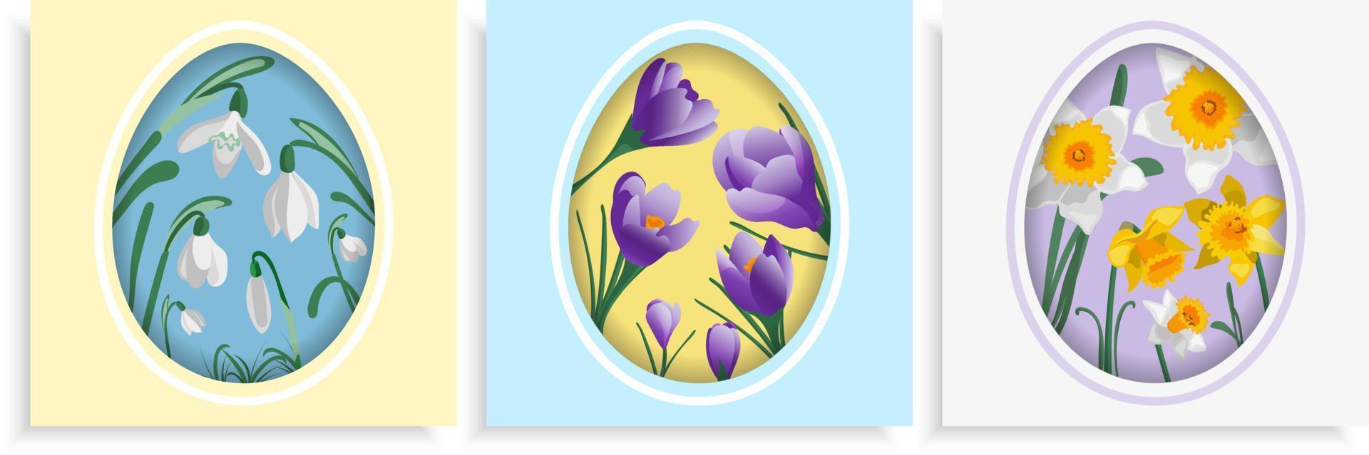 tarjeta de pascua feliz con fondo en forma de huevo y flores de primavera narcisos crocus campanillas vector