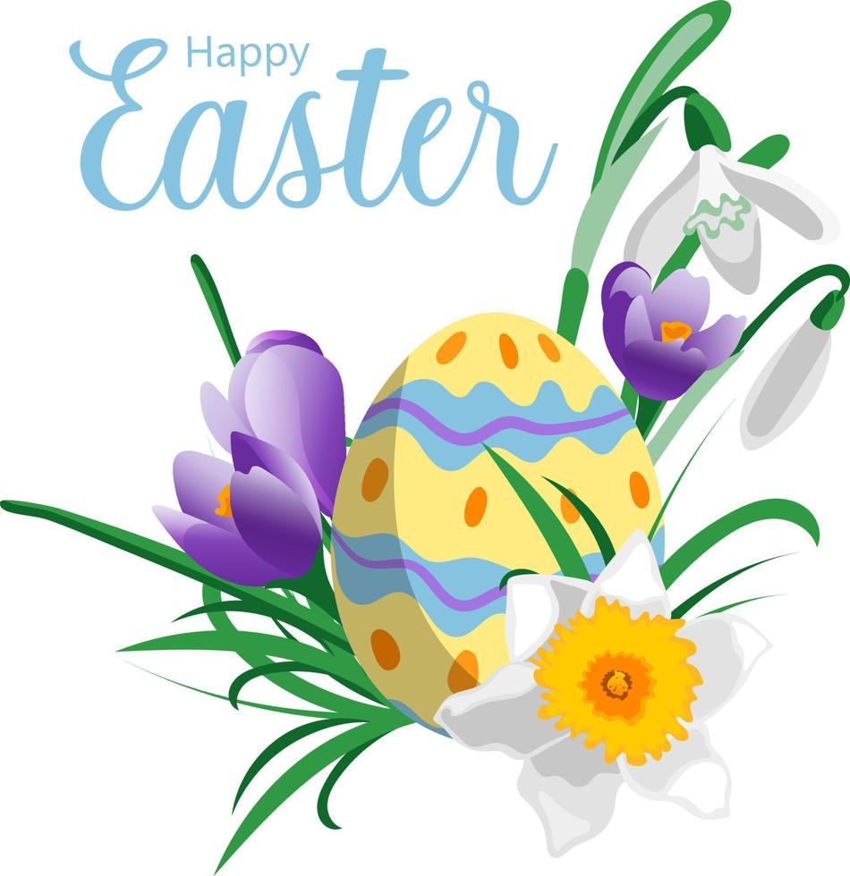 Happy Easter card design with easter egg daffodil crocus snowdrop flowers on white background vector