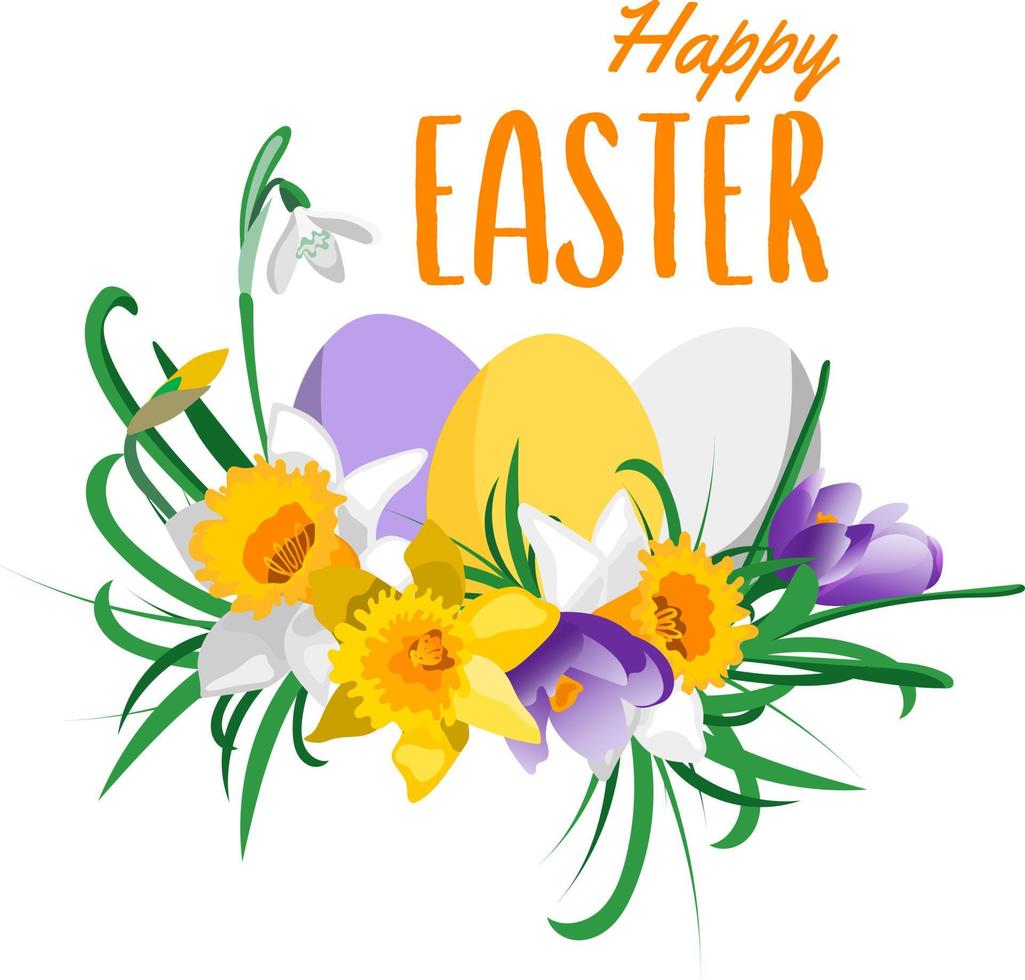 Happy Easter card design with eggs daffodils crocus snowdrop flowers on white background vector