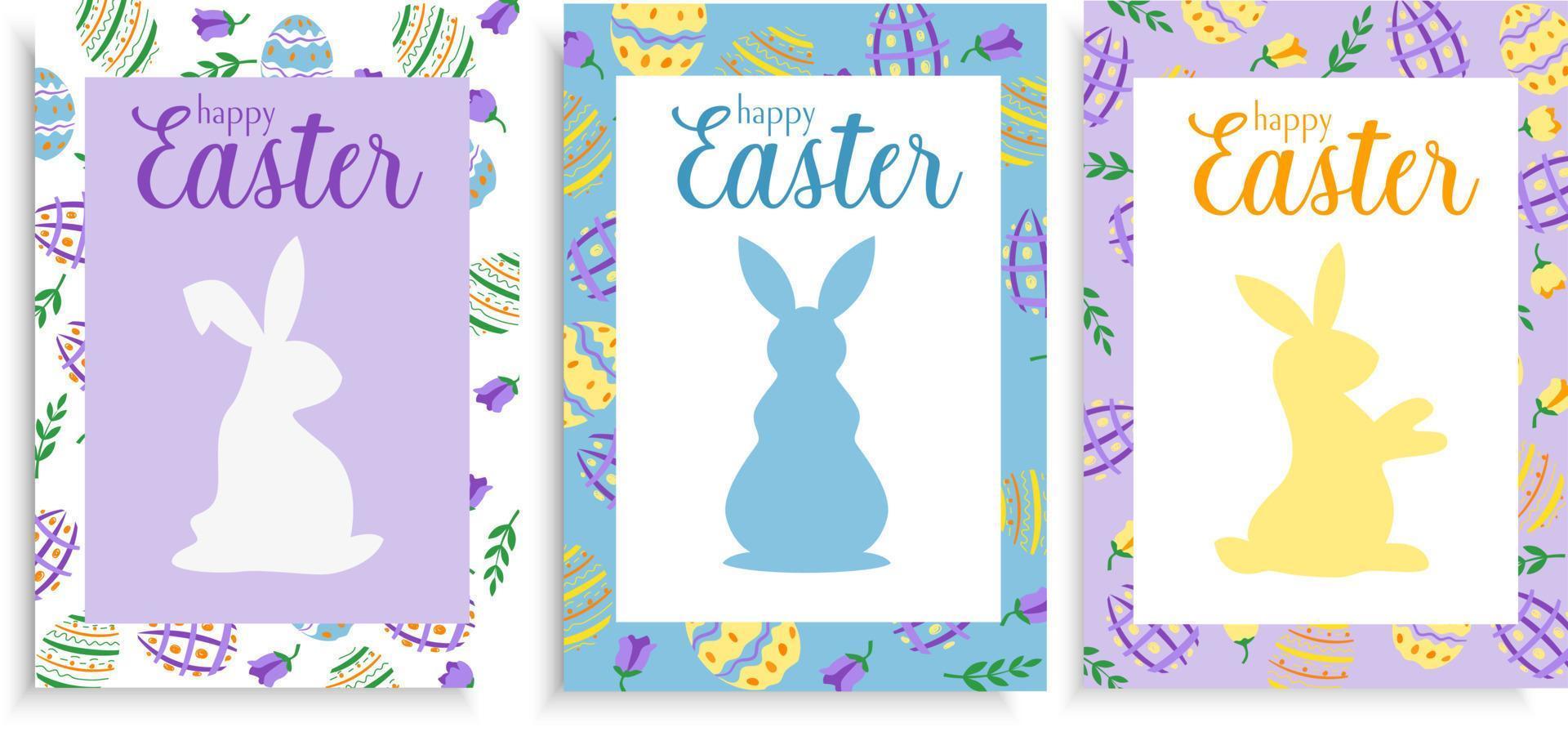 Set of three Easter card design templates with bunnies and pattern flat style pastel coloured vector