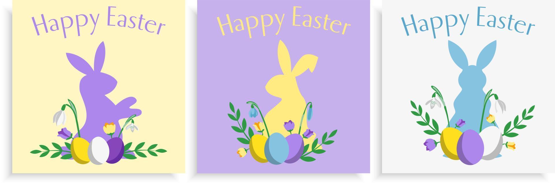 Set of three Easter card design templates with bunnies and flowers flat style pastel coloured vector
