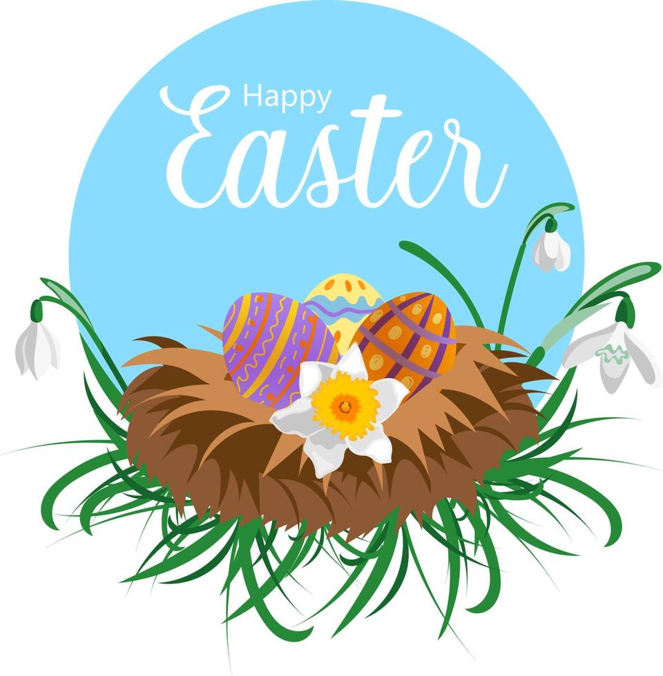 feliz diseño de tarjeta de pascua con nido y huevos y gotas de nieve sobre fondo en forma de círculo azul vector