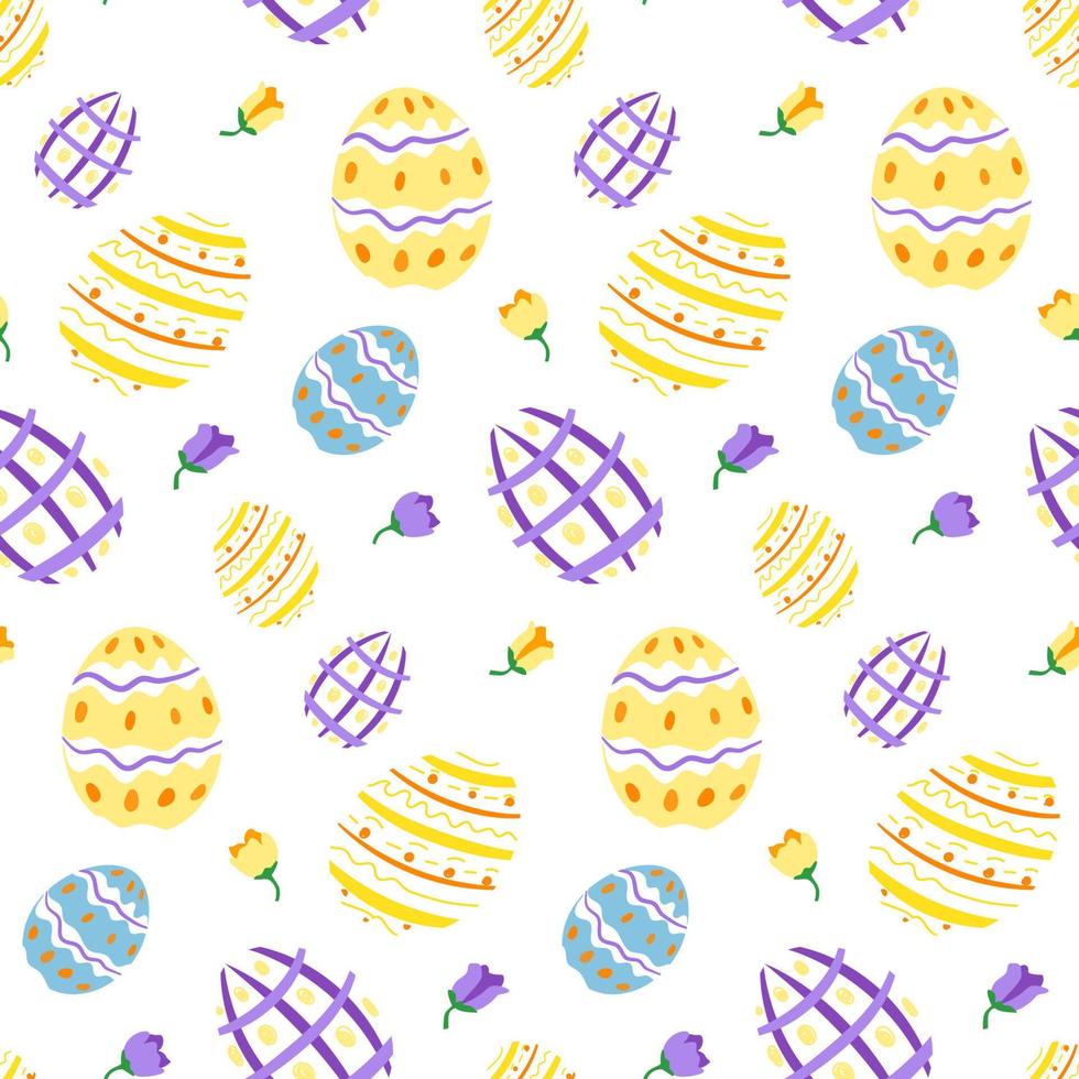 Cute Easter pastel coloured pattern with colorful eggs and spring flowers on white background vector
