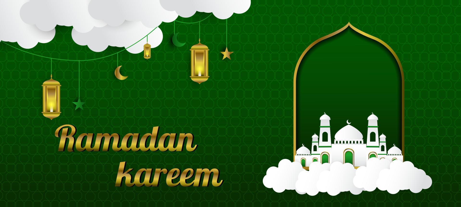 Ramadan banner design, Islamic background design with mosque, lantern and clouds vector