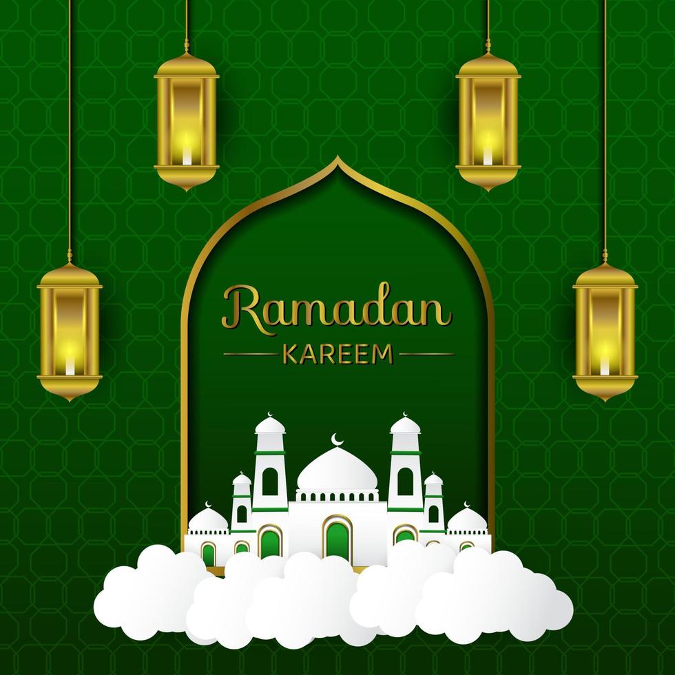 Ramadan mosque and lantern vector design with green islamic background, greeting card for social media post