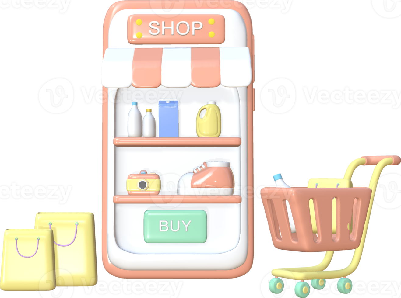 3d Illustration smartphone shopping app and cart bag for cashless payment digital technology png