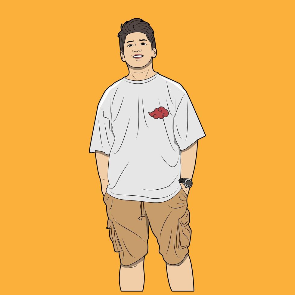 vector illustration of a man in a simple style wearing an oversized white t-shirt