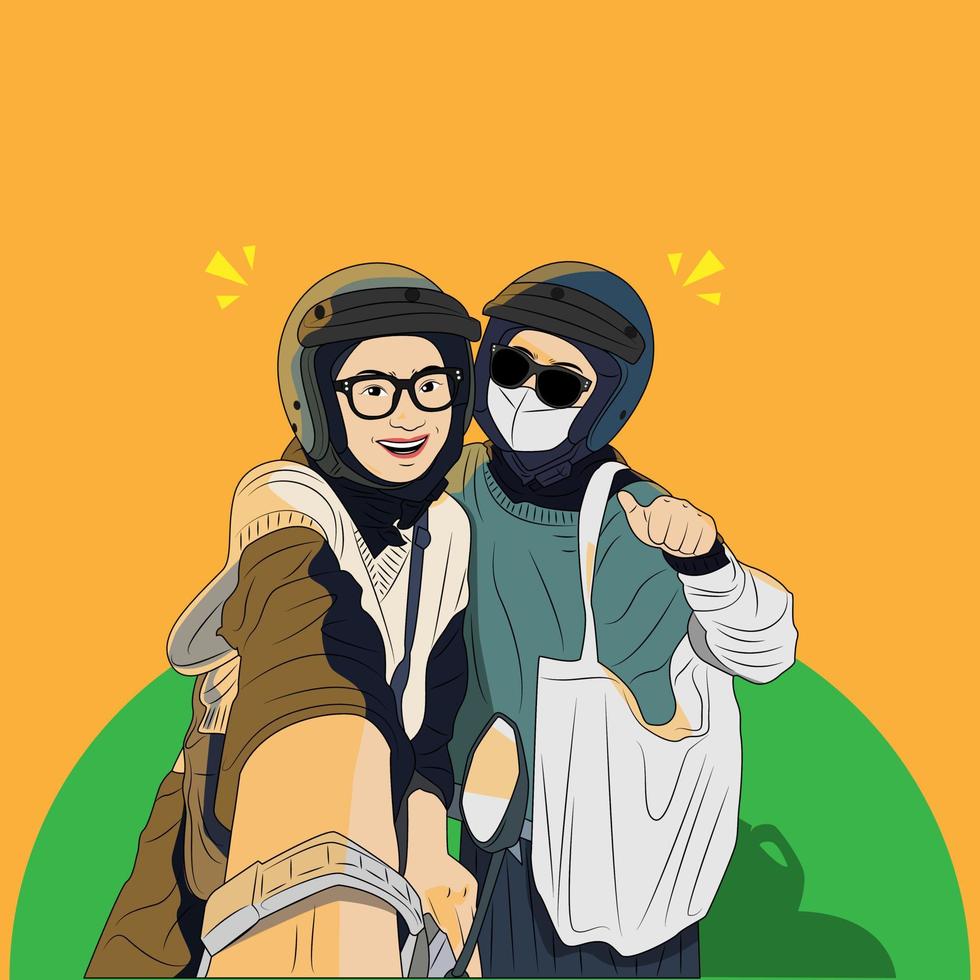 two cute teenage female riders using helmets vector