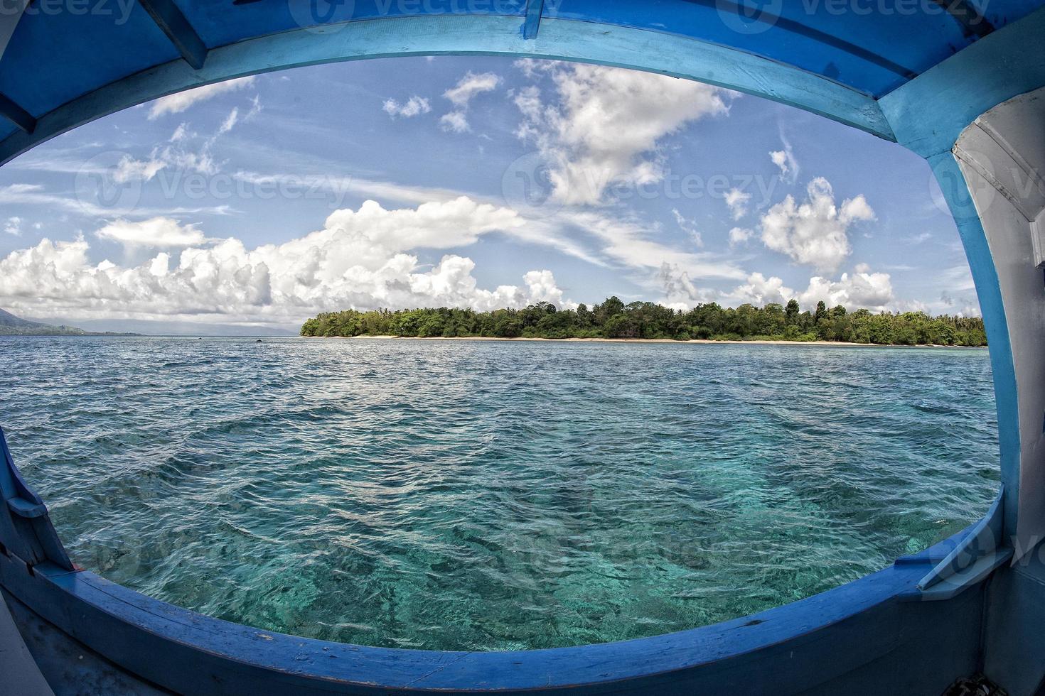 Siladen turquoise tropical paradise island biew through window photo