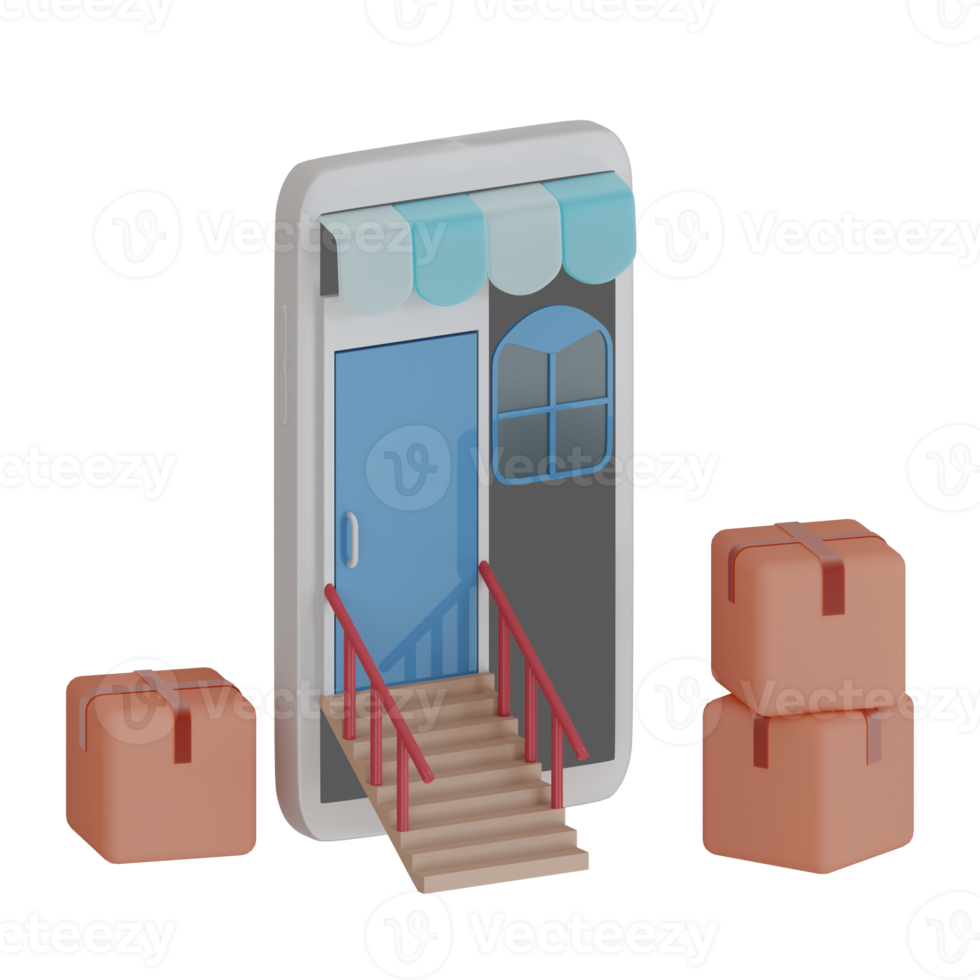 3d renderen smartphone met deur en trap in voorkant van het en ook dozen in de omgeving van perfect voor online winkel ontwerp project png