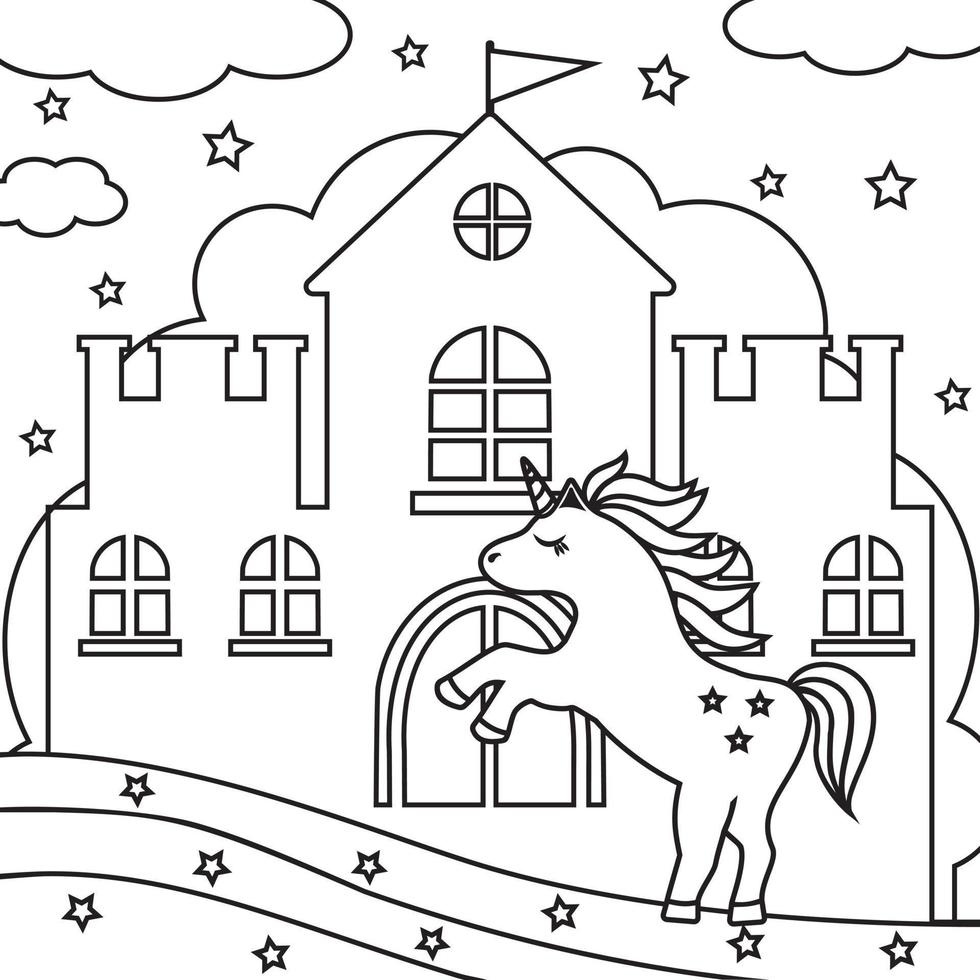 unicornio en el castillo de la princesa, contorno negro, vector de coloración