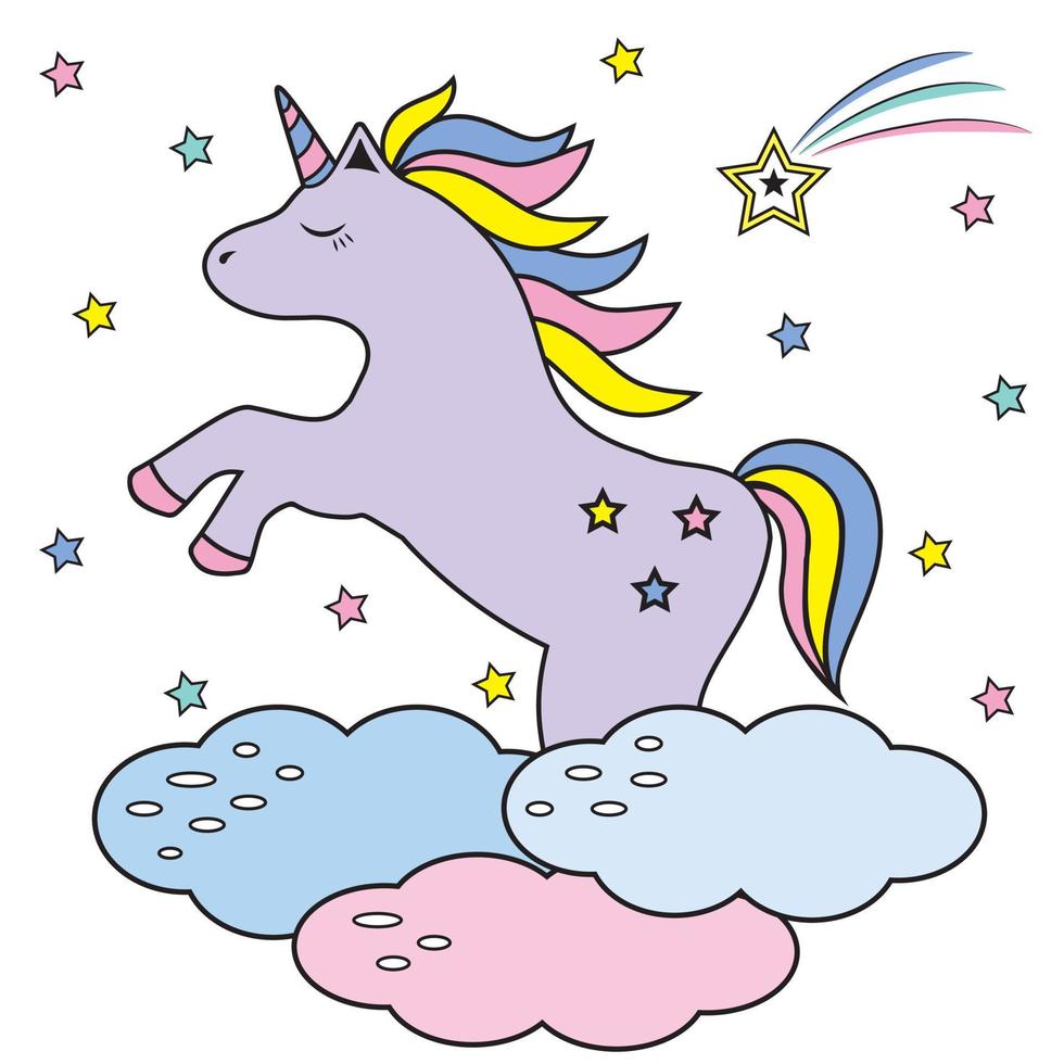 lindo unicornio, colorido personaje de dibujos animados pony en las nubes, ilustración vectorial vector