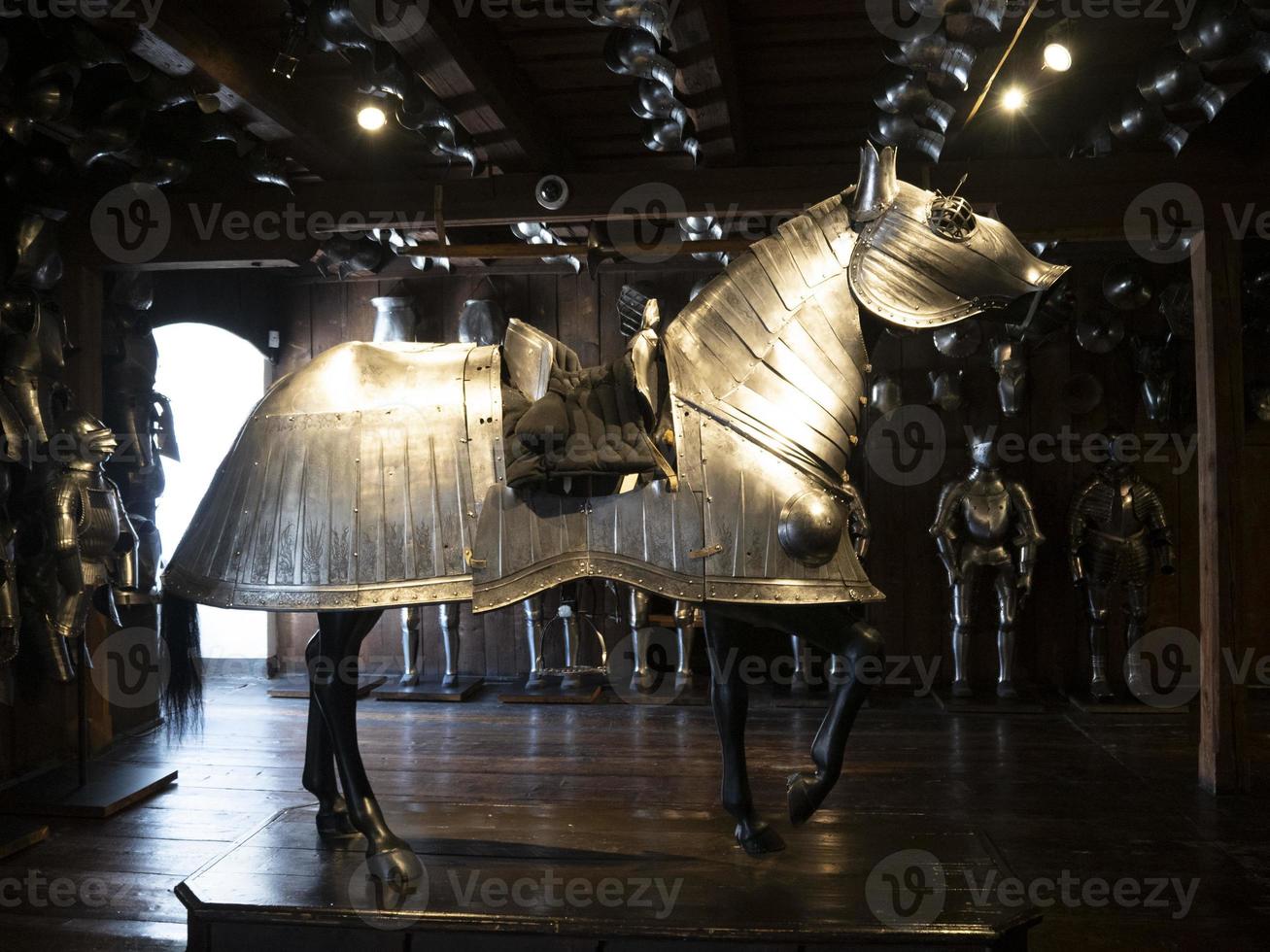 many medieval iron metal horse armor photo