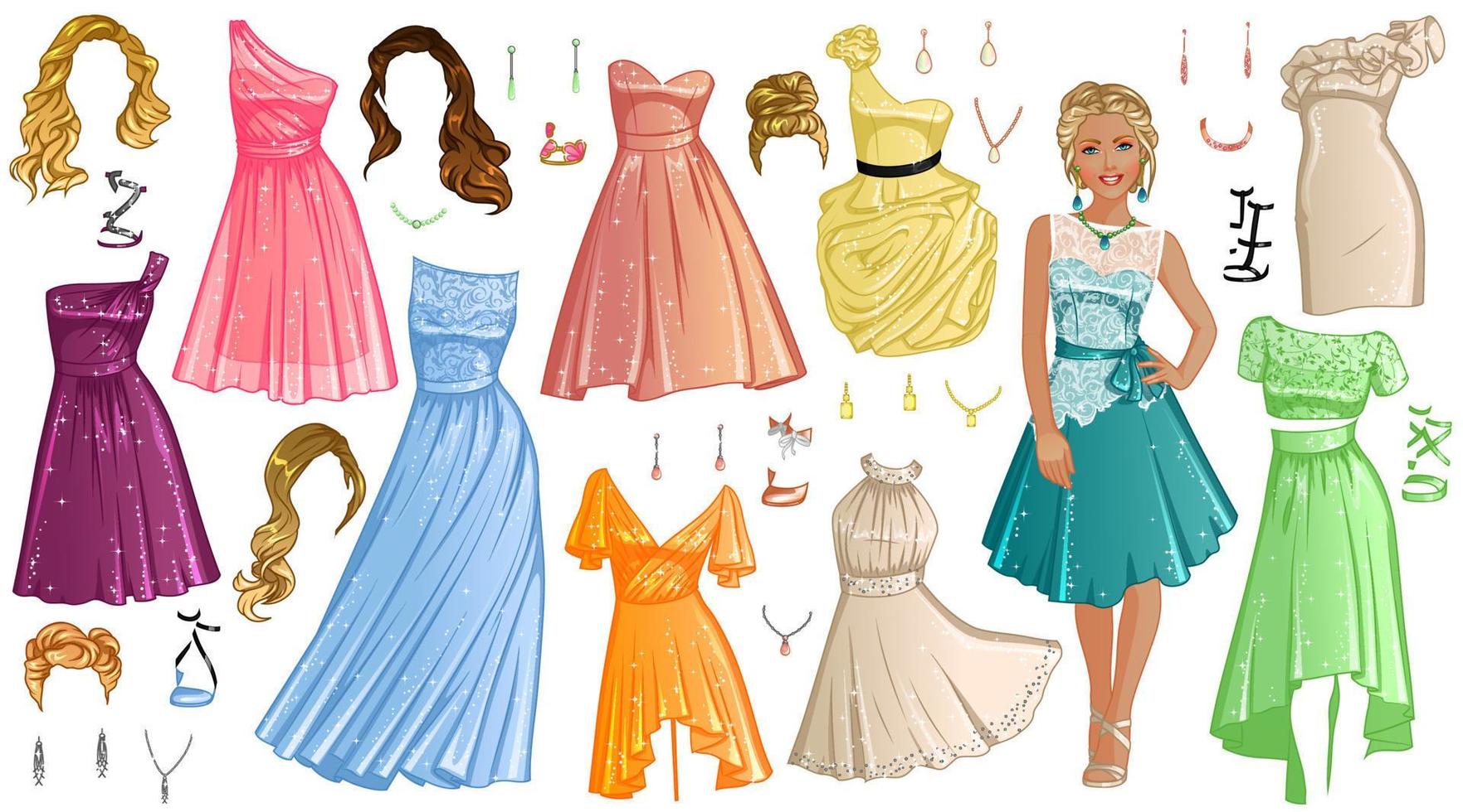muñeca de papel de dama de honor con hermosa dama, vestidos, peinados y accesorios. ilustración vectorial vector