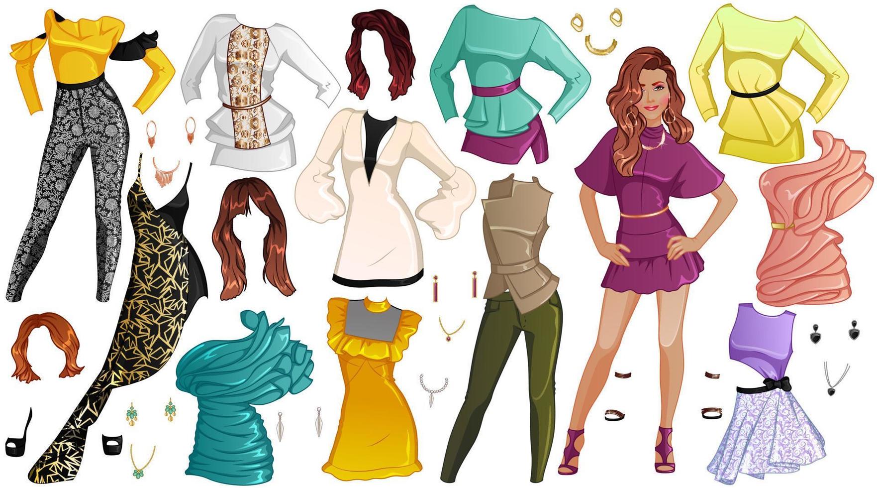 Cover Girl Paper Doll with Beautiful Lady, Outfits, Hairstyles and Accessories. Vector Illustration