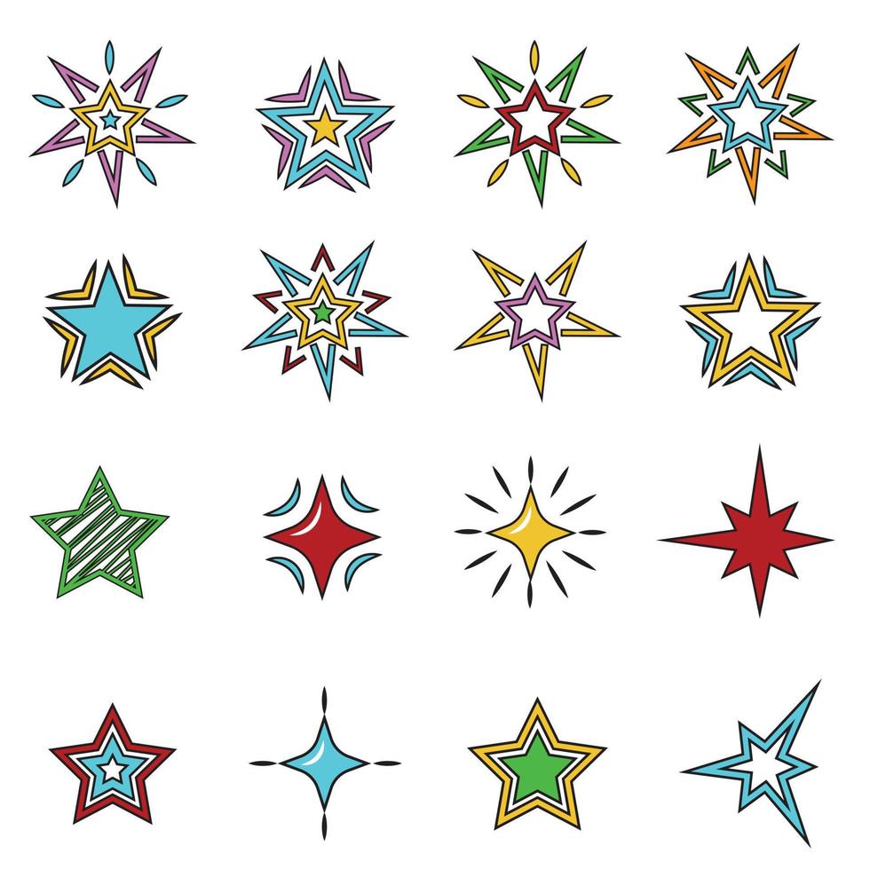 A set of cartoon colorful vector illustrations of stars isolated on a white background.