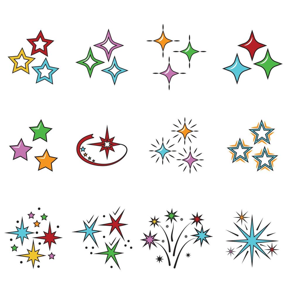 un conjunto de ilustraciones vectoriales coloridas de dibujos animados de estrellas, cometas, saludos, fuegos artificiales, aisladas en un fondo blanco. vector