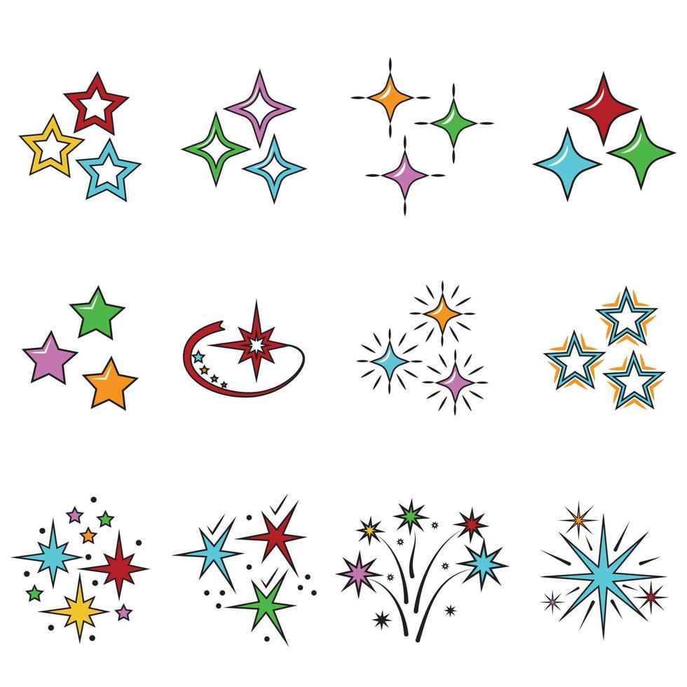 A set of cartoon colorful vector illustrations of stars, comet, salute, fireworks, isolated on a white background.