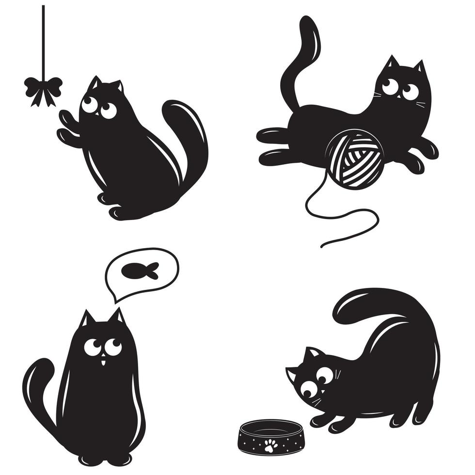 A set of silhouettes of cute cat characters, isolated vector illustration