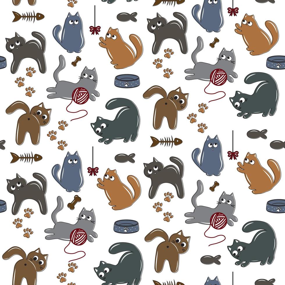patrón impecable con gatos divertidos, comida para gatos y pescado sobre un fondo blanco. ilustración vectorial vector