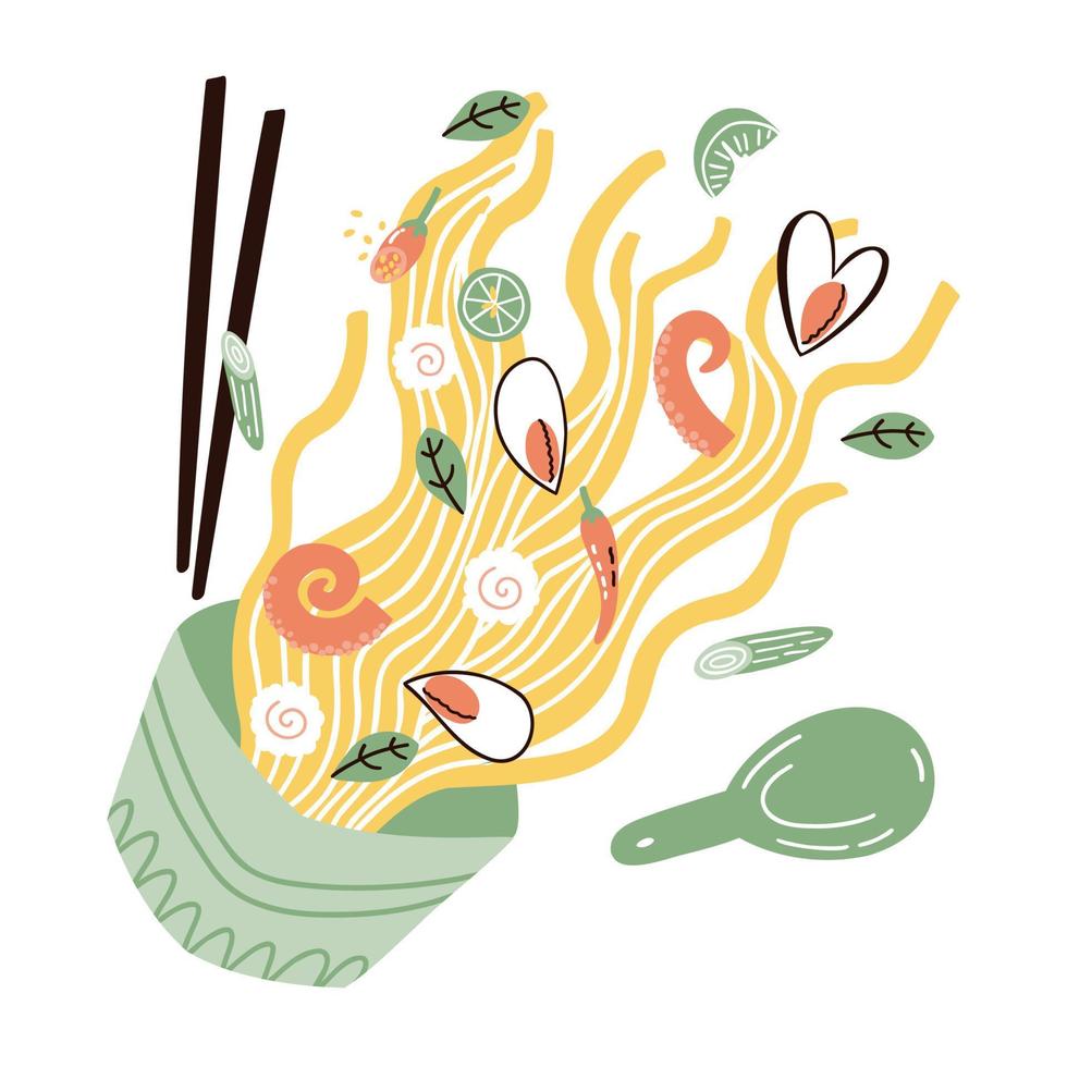 noodles with mussels and squid. hand drawn vector illustration in flat style