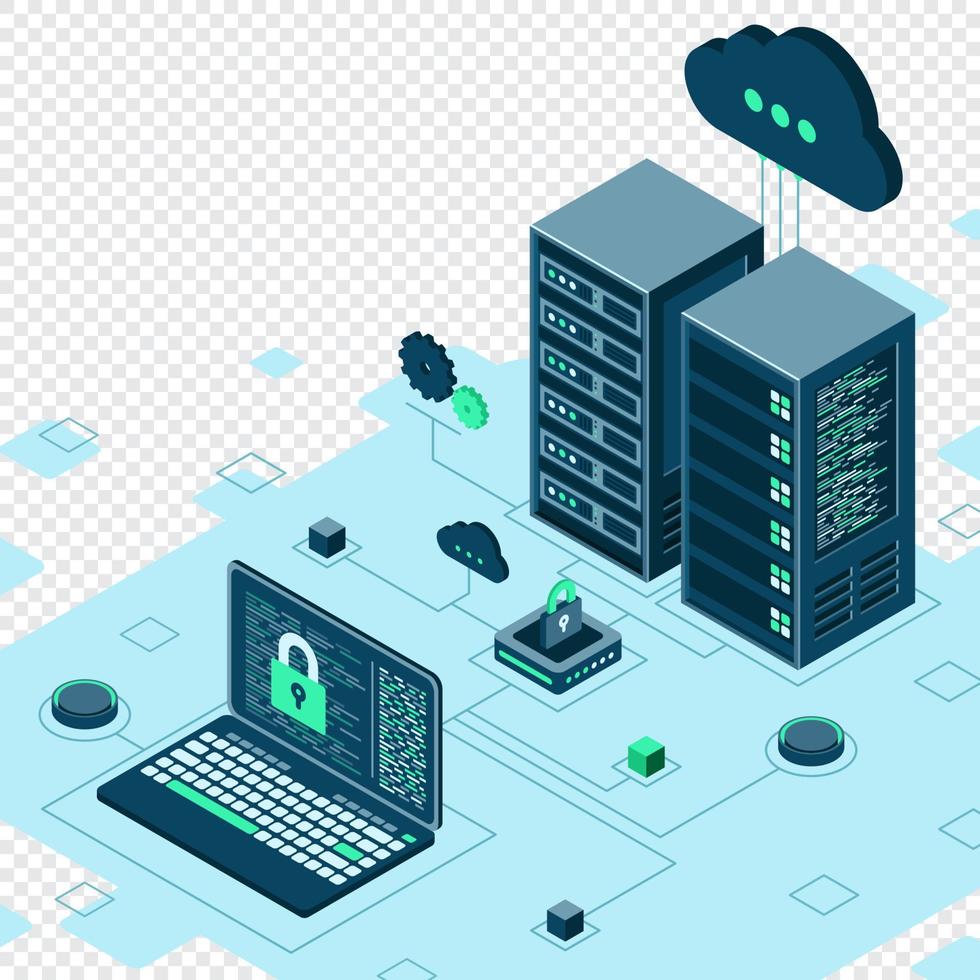 Cyber data security. Internet security isometric concept. Server room connected with laptop through protected hub. Computing internet digital technology. Vector illustration