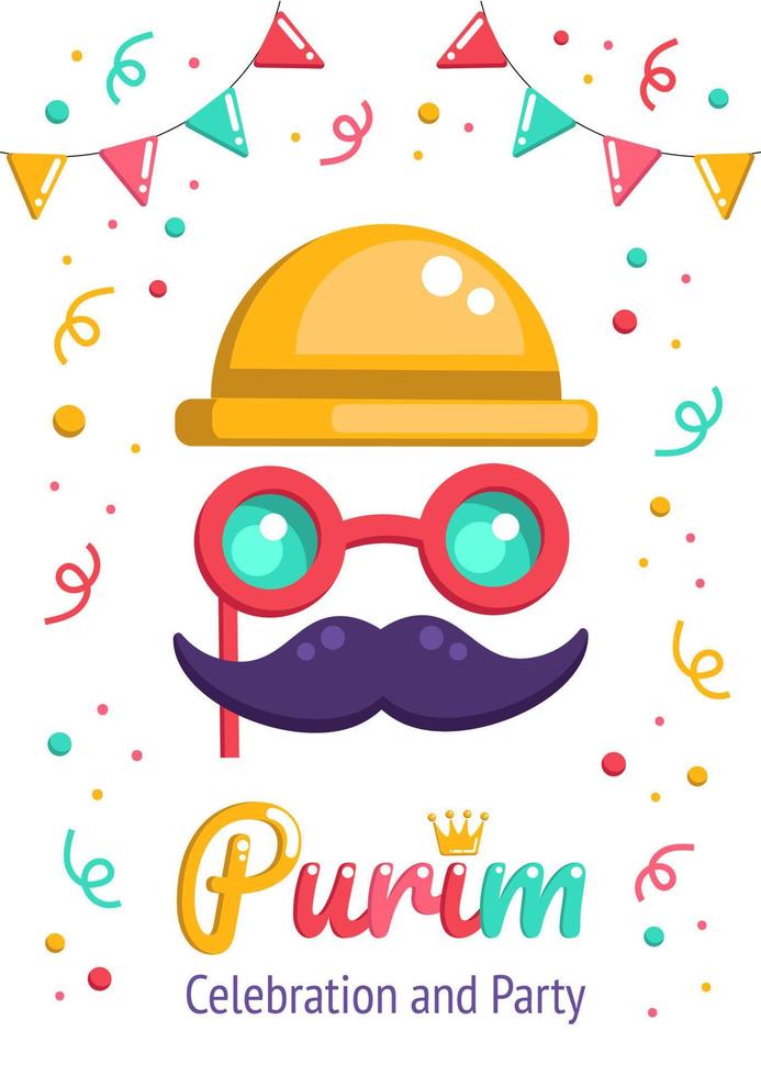 fiesta de purim y anuncio de carnaval con máscara de payaso divertida con gafas y bigote, sobre un fondo blanco con confeti brillante. vector