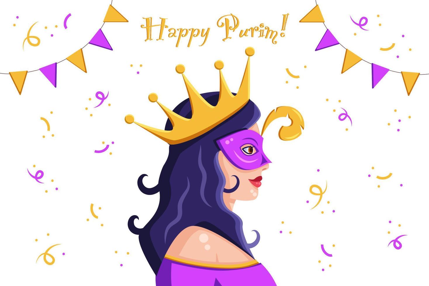 Lady in the carnival mask, that refers to Queen Esther, on Purim holiday, vector illustration, greeting card, invitation, banner for Purim holiday.