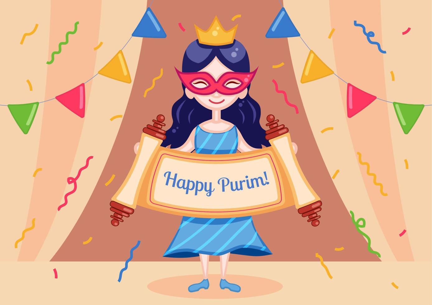 Purim invitation card with the girl in costume, who is holding the invitation scroll on the dark blue background with flags and cofetti. vector