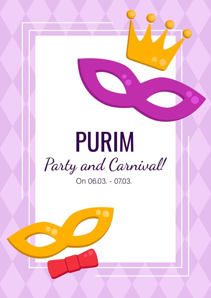 invitación de vacaciones de purim con espacio de copia y dos máscaras sobre fondo morado. tarjeta vectorial, saludo, anuncio de fiesta y carnaval. vector