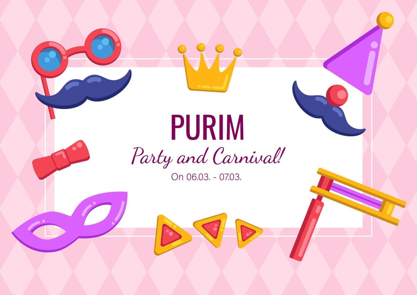 Purim Holiday invitation with copy space and masks, crown, hamantaschen and beanbag on purple background. Vector card, greeting, announcement of party and carnival.