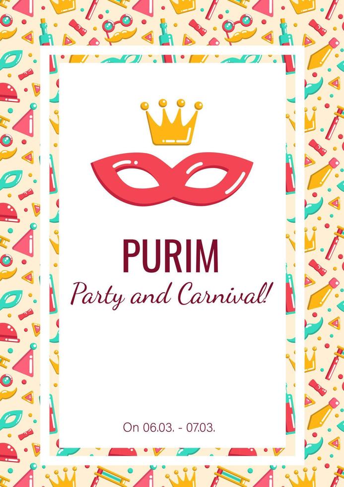 carnaval de purim y anuncio de fiesta con espacio de copia, pancarta vectorial, invitación, saludo, publicidad de fiesta, con un patrón impecable en el fondo. vector