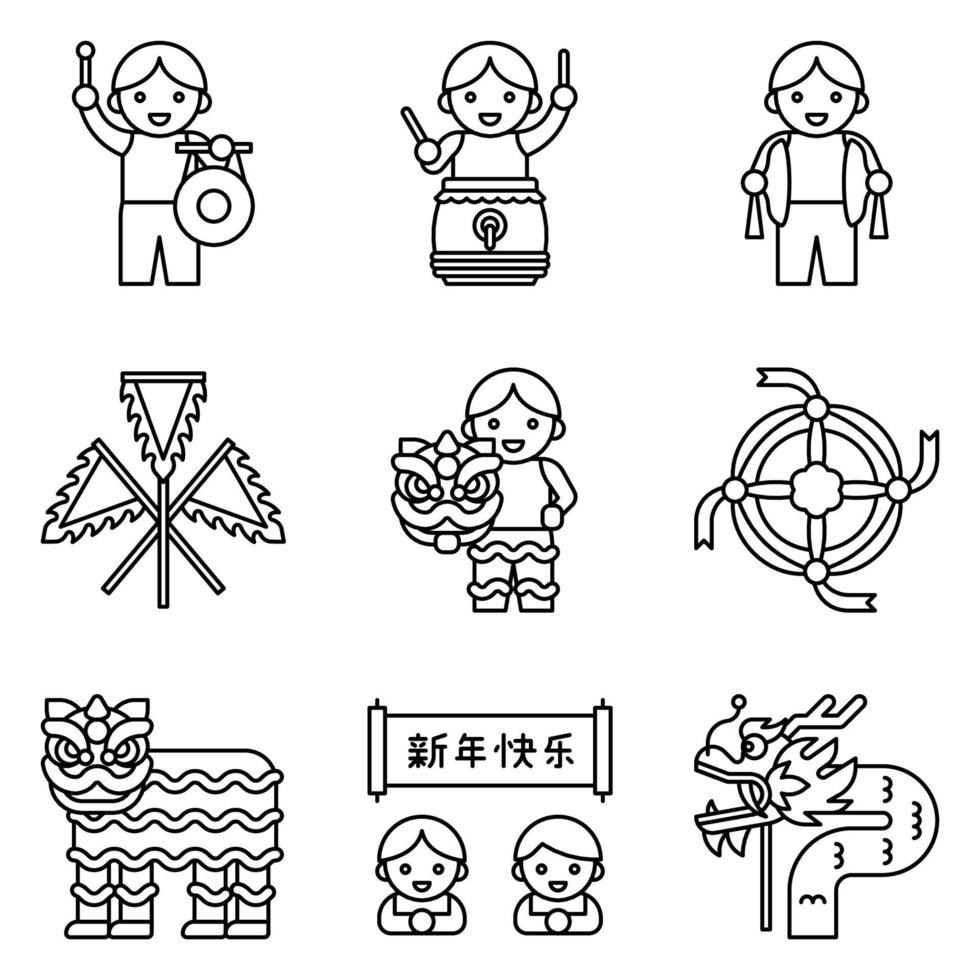 Lion dance related vector icon set