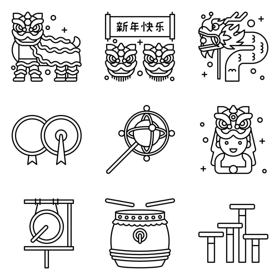 conjunto de iconos vectoriales relacionados con la danza del león 3 vector