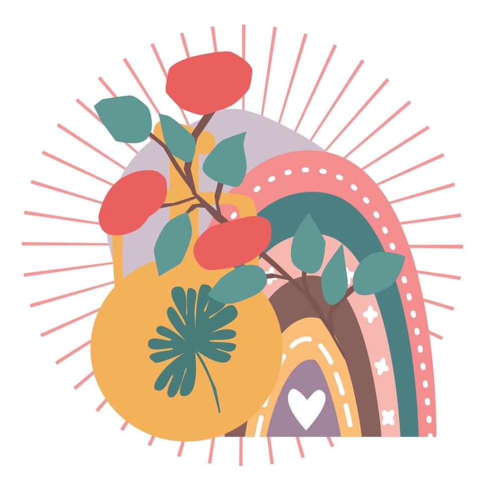 Abstract composition of vase fruits, rainbow, sun and leaves vector