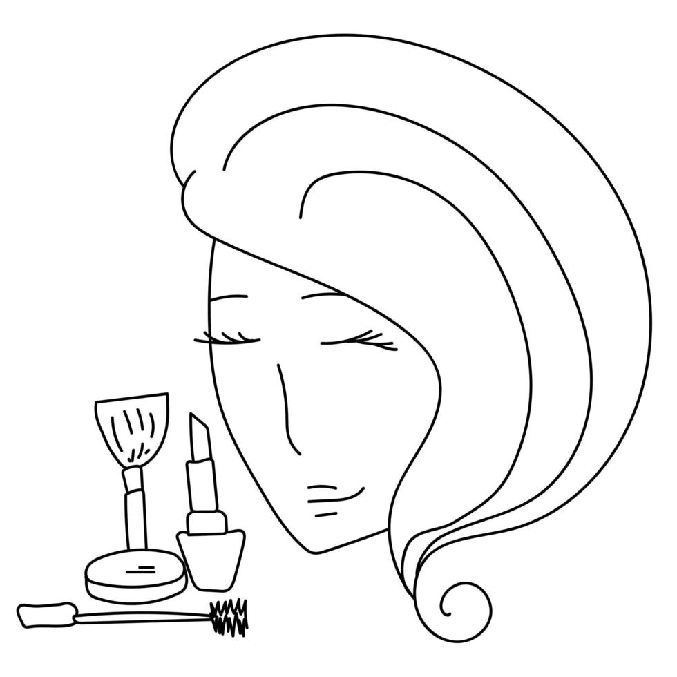 The contour of a female face with light wavy hair and decorative cosmetics, a silhouette of a beautiful girl and beauty products vector