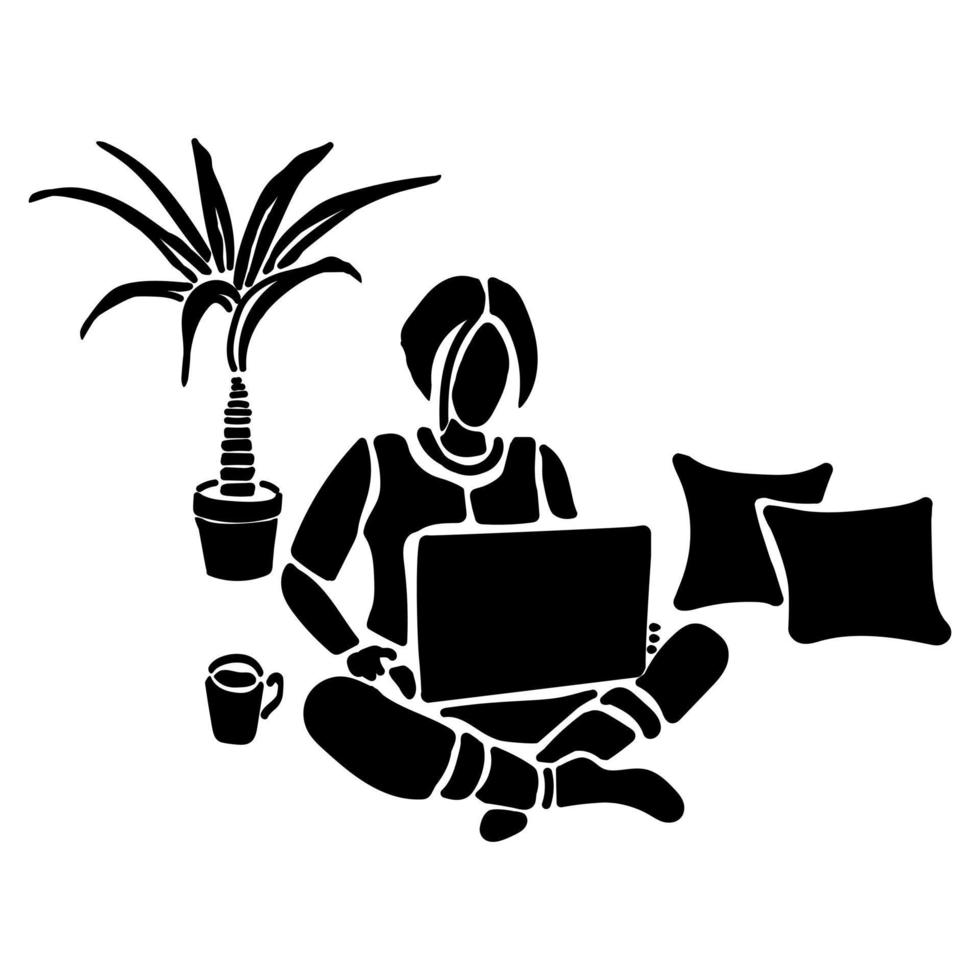 Work at home. Silhouette of sitting girl with laptop in home interior with pillows, potted plant and cup of drink vector