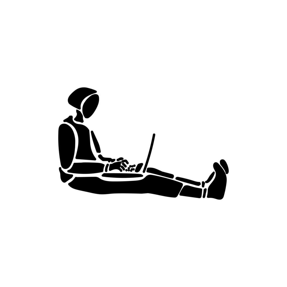 Work at home. Silhouette of a man sitting on the floor and working at a laptop vector