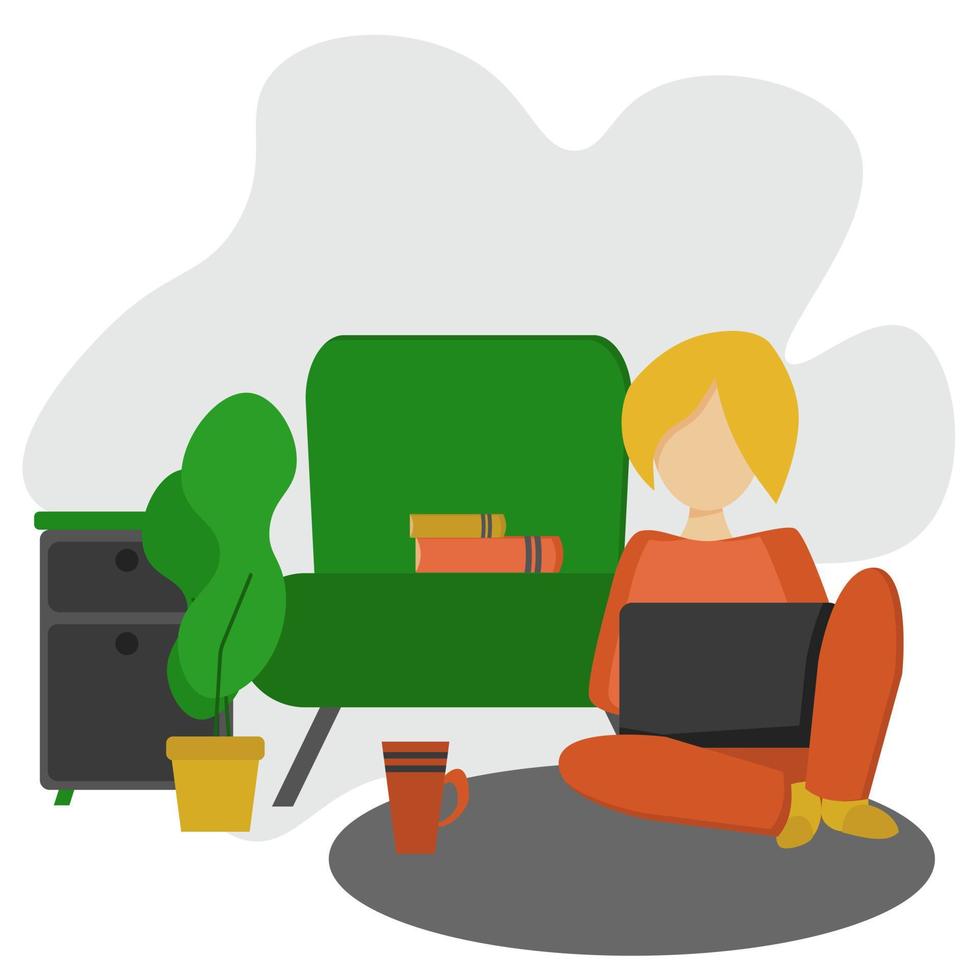 Work or study at home, online freelance worker, a girl with a laptop sitting on the floor by the armchair, home environment vector