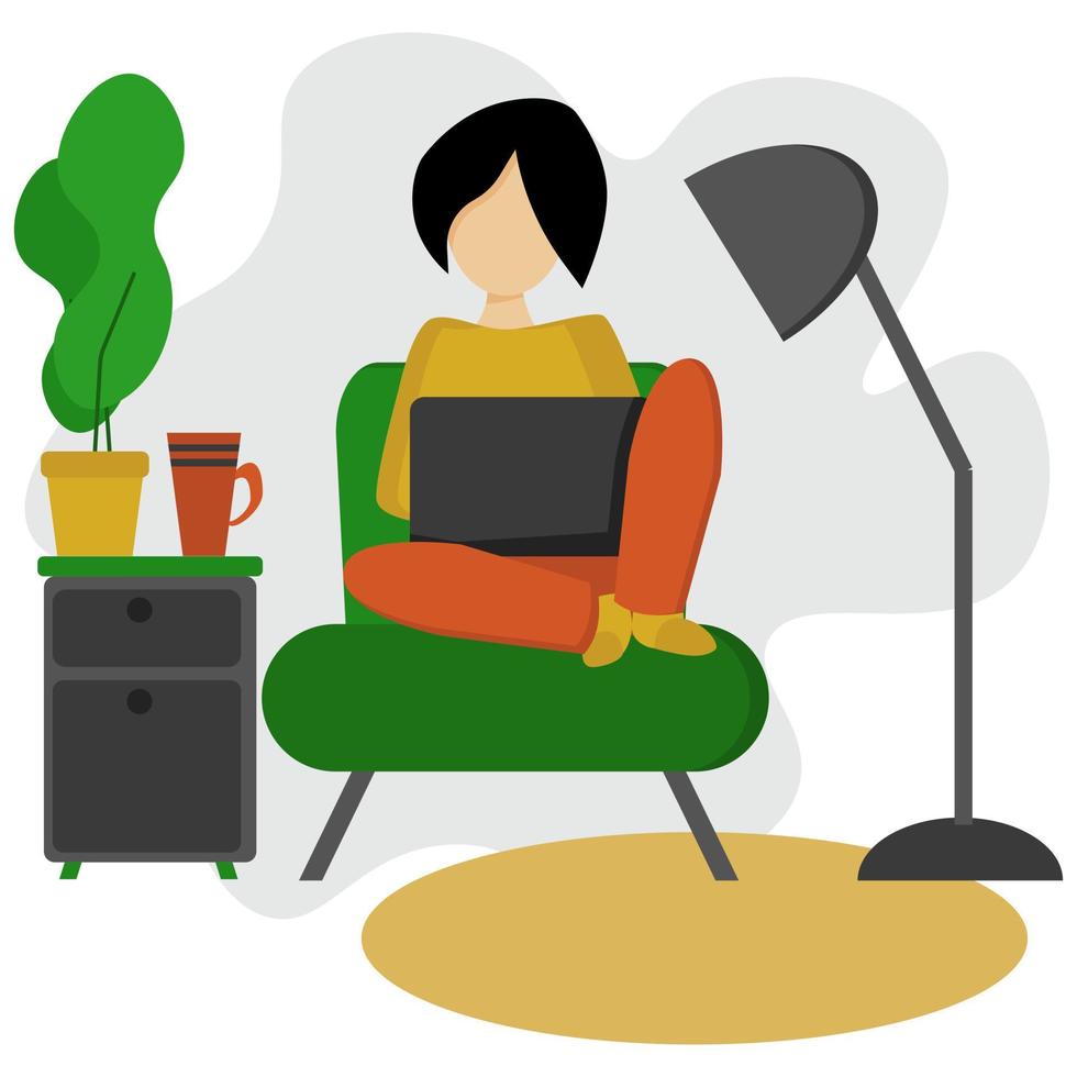 Girl with a laptop at home, working at home or shopping online, virtual training in a cozy environment vector