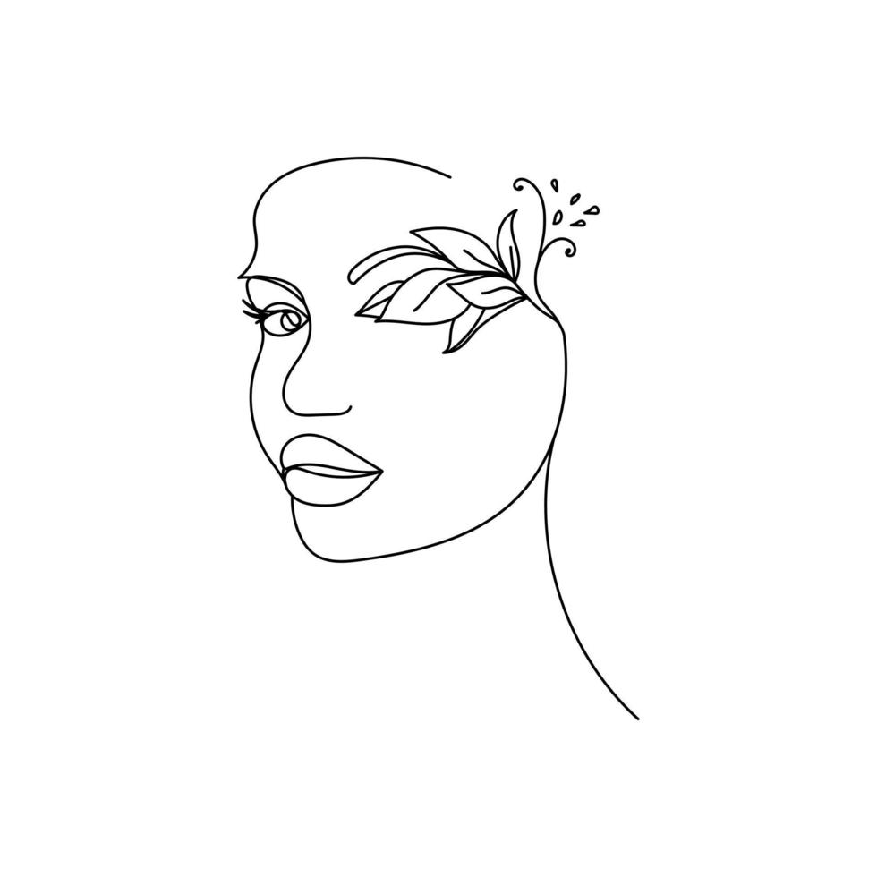 cara de niña con ramitas y patrones rizados, contorno de la cara de una mujer, estilización abstracta de un retrato vector