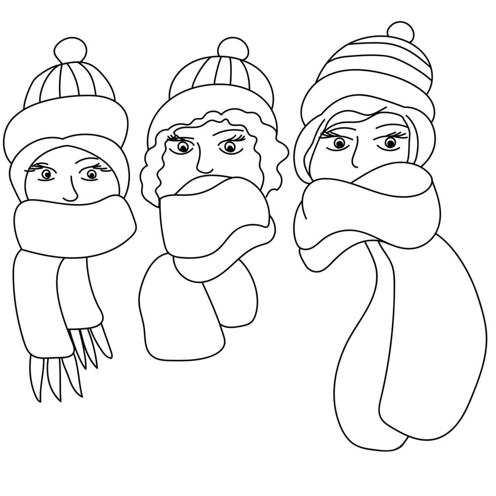 página para colorear de tres chicas de invierno, cabeza en un gorro cálido y una bufanda acogedora vector