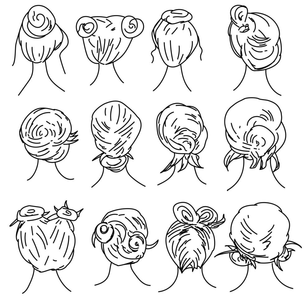 Set of girly hairstyles in the form of sketches, contour illustration with  curls and hair bundles, head with hair back view 18755657 Vector Art at  Vecteezy