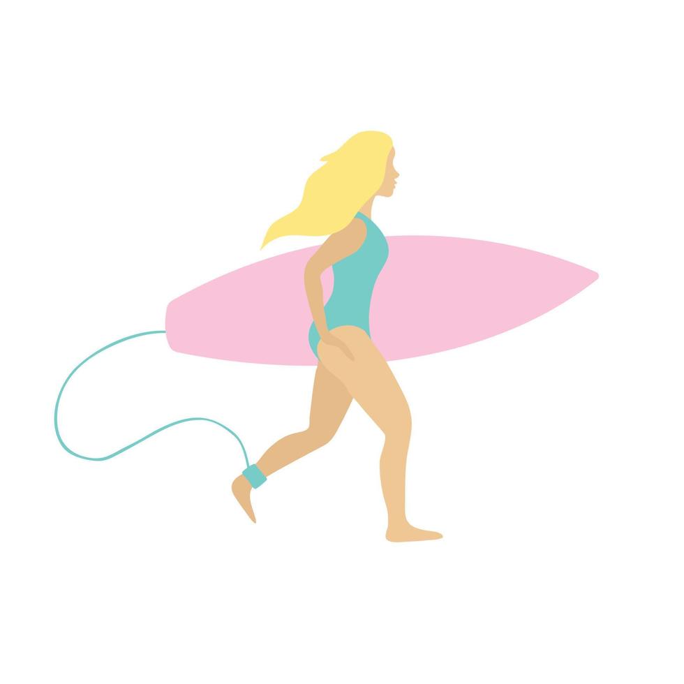 Vector flat surfer girl with pink surfboard