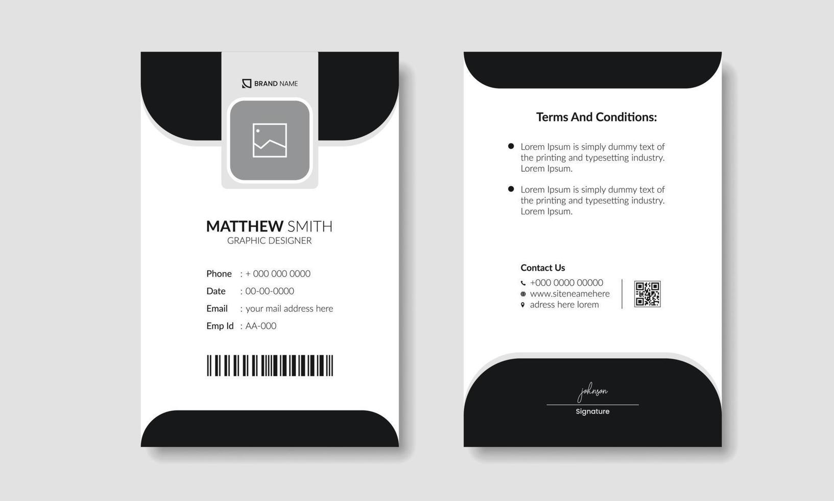 tarjeta de identificación corporativa con color blanco y negro. diseño de la tarjeta de identificación de la oficina. tarjeta de identificación de empleado para su negocio. tarjeta de identificación moderna, simple, ordenada y limpia. vector