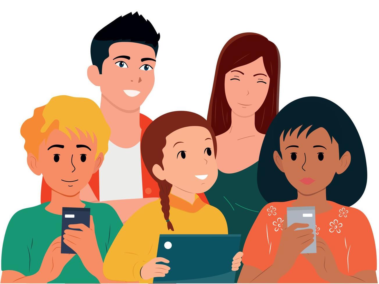 A happy family with many children use phones and tablets vector