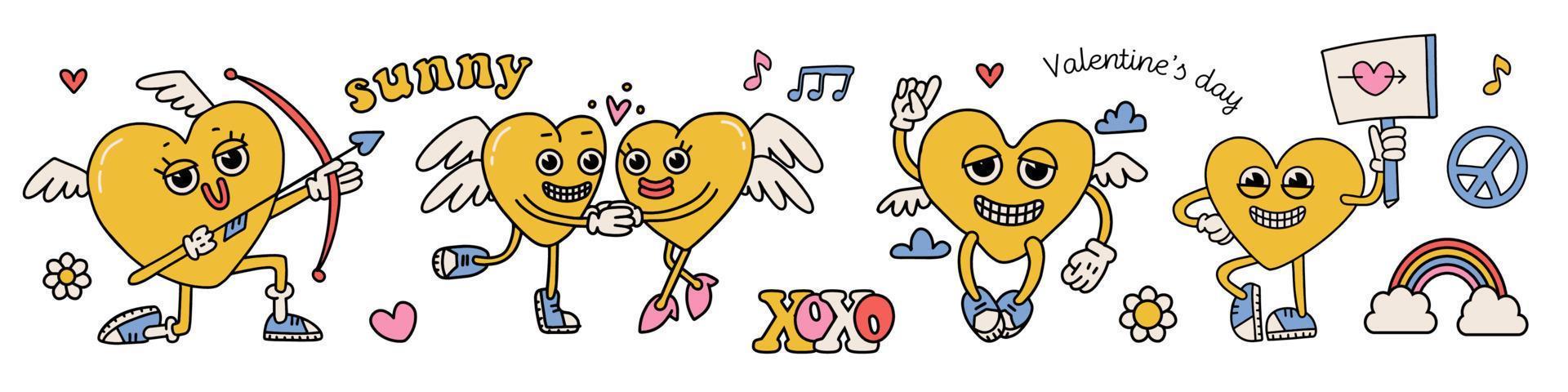 conjunto de personajes de corazones amarillos maravillosos y encantadores. concepto de amor hippie. elementos de feliz conjunto de personajes de corazones amarillos maravillosos y encantadores. concepto de amor hippie. elementos de feliz