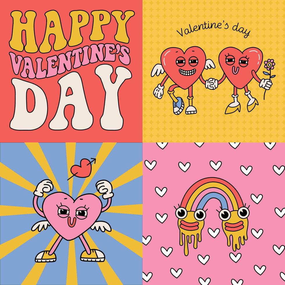 conjunto de tarjetas de felicitación cuadradas de san valentín en estilo retro 60s 70s 80s groovy. plantilla de banner genial para publicación de ig en redes sociales. caracteres del corazón y texto de fuente vintage. ilustración vectorial de contorno plano. vector